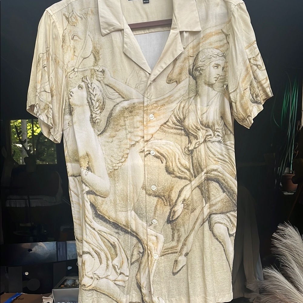 Men's PacSun Short-Sleeve Art Print Button-Up Shirt in Beige NWOT